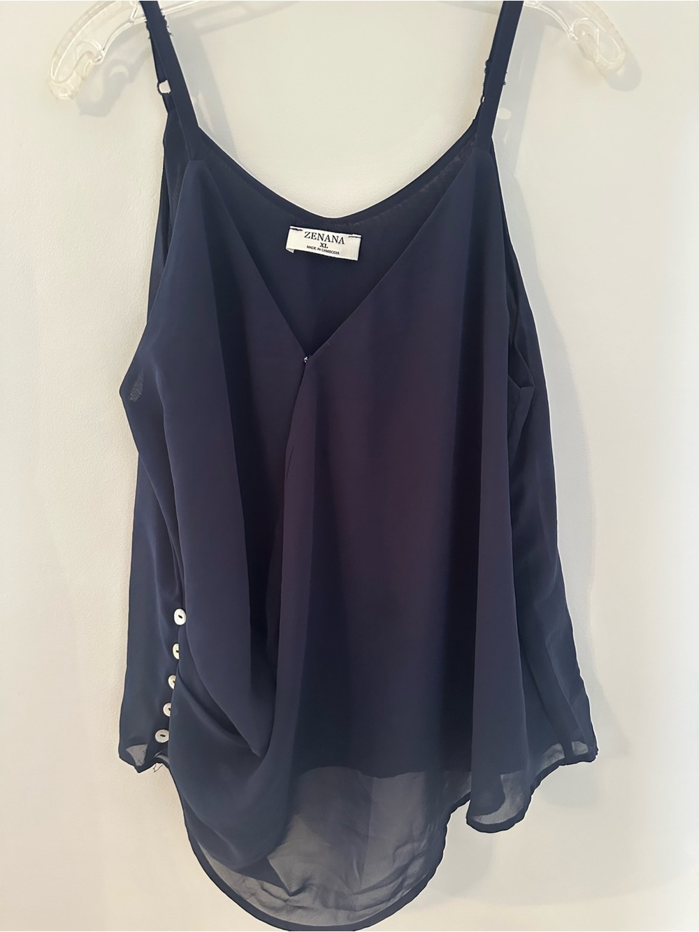 Zenana Navy Blue Chiffon V-Neck Cami Tank Top Side Button Accent Size XL